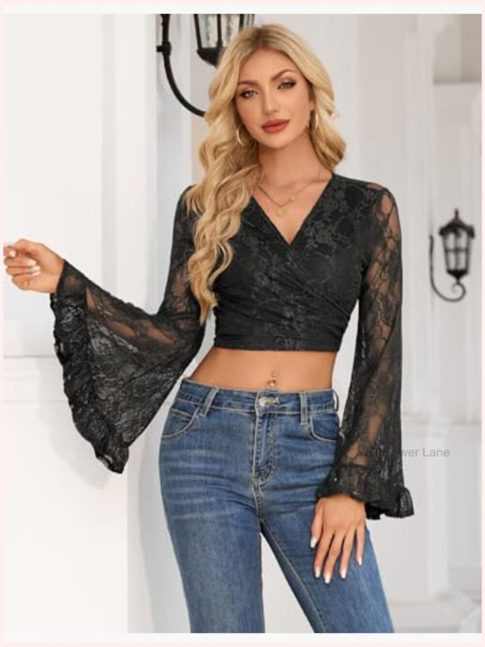 Flowy Lace Bell Sleeve Crop Top Boho Tie Front Blouse Rave Festival Hippie - Picture 3 of 7